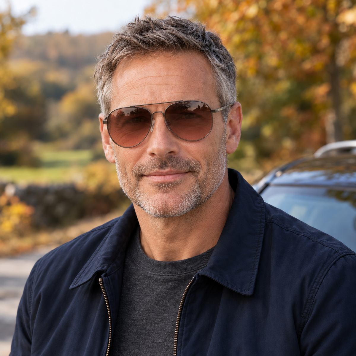 Middle-aged man wearing Eyelevel-UK Roadster driving sunglasses with high density lenses in a sunny outdoor setting.