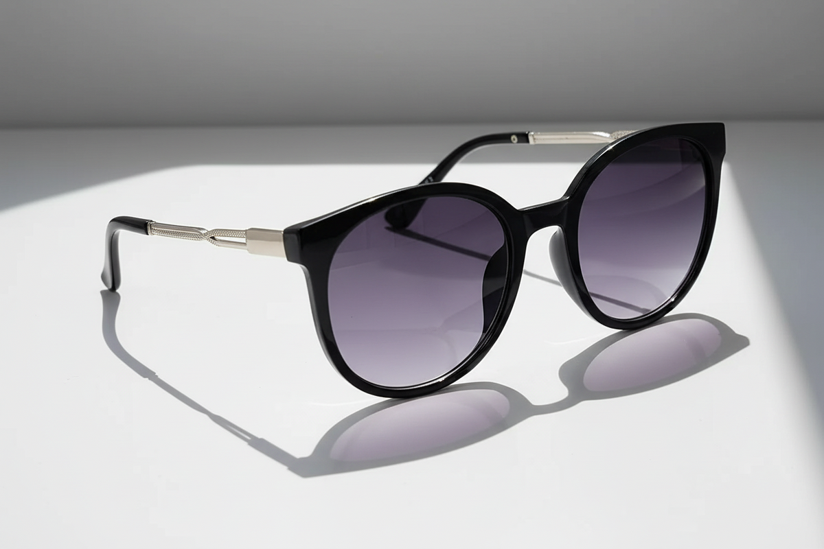 Eyelevel-UK Robyn oversized round sunglasses with black frames, silver temples, and grey gradient UV400 lenses.