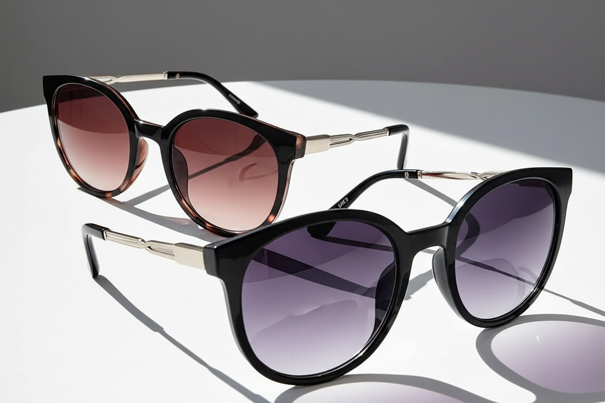 Eyelevel-UK Robyn oversized round sunglasses in brown tortoiseshell and black with gradient lenses on a white surface.