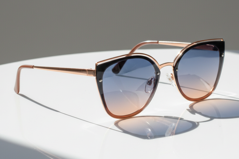 Eyelevel-UK Rosie cat-eye sunglasses with rose gold frame and soft gradient lenses on a white surface