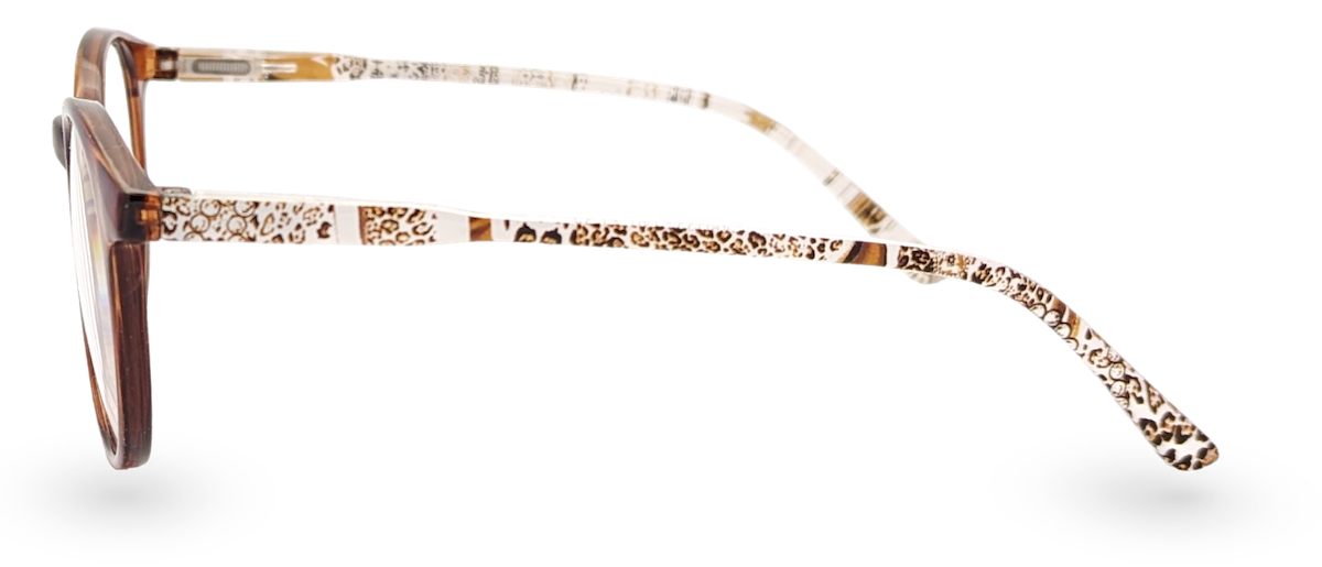 Eyelevel-UK Royal reading glasses featuring a brown animal print round frame and clear magnifying lenses.