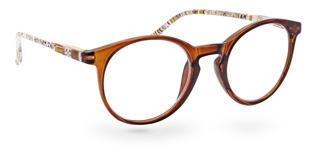 Eyelevel-UK Royal round reading glasses with a brown animal print plastic frame and clear magnifying lenses