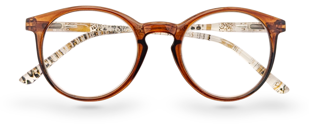 Eyelevel-UK Royal reading glasses with a brown animal print round plastic frame and clear magnifying lenses.
