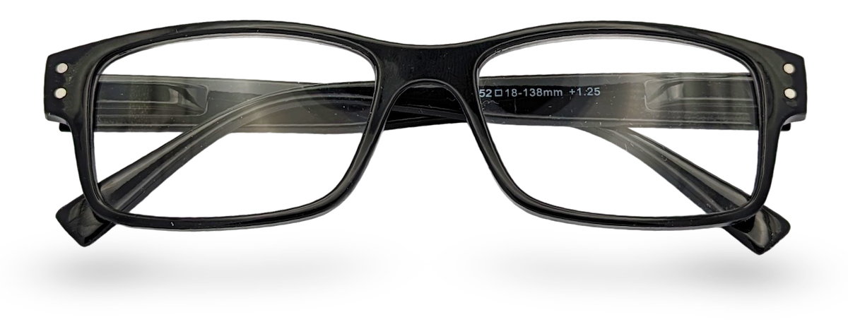 Eyelevel-UK Samuel Black reading glasses with a classic black rectangular plastic frame and clear magnifying lenses.