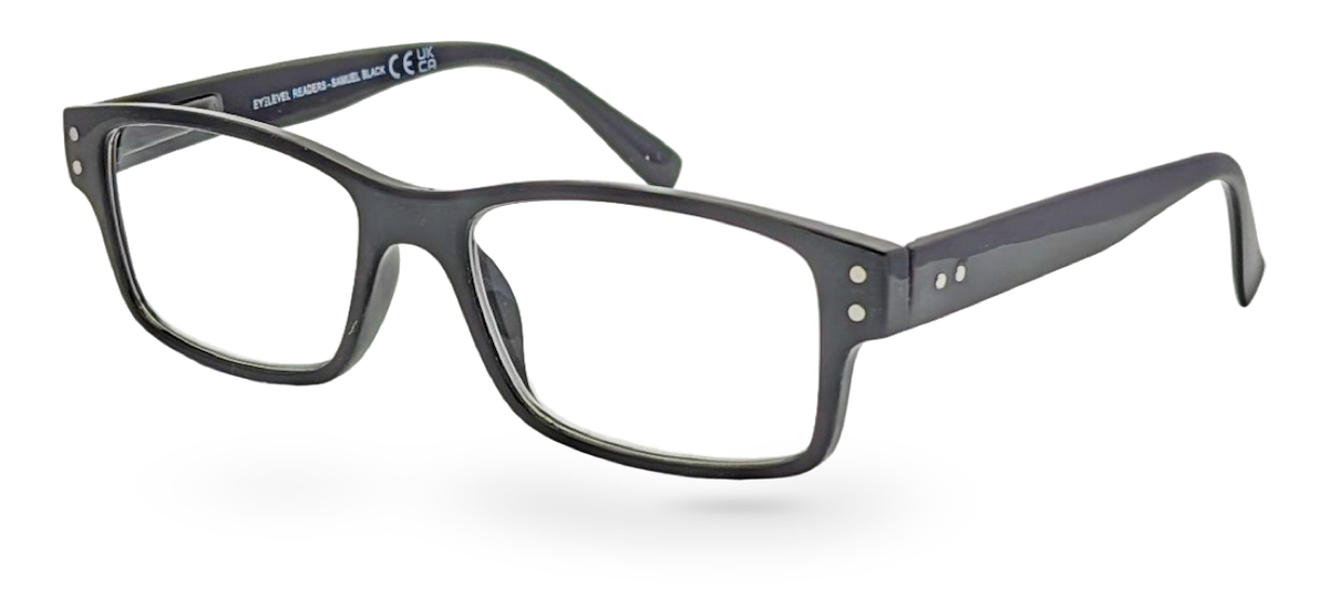 Eyelevel-UK Samuel Black reading glasses featuring a classic black rectangular plastic frame and clear lenses.
