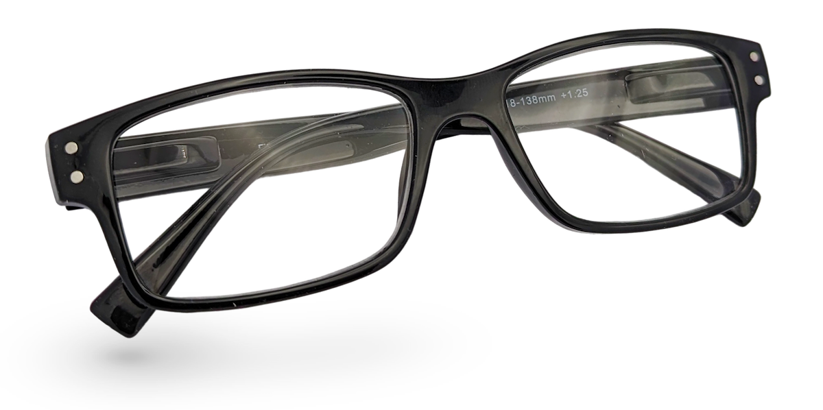 Eyelevel-UK Samuel Black reading glasses featuring a classic black rectangular plastic frame and clear lenses.