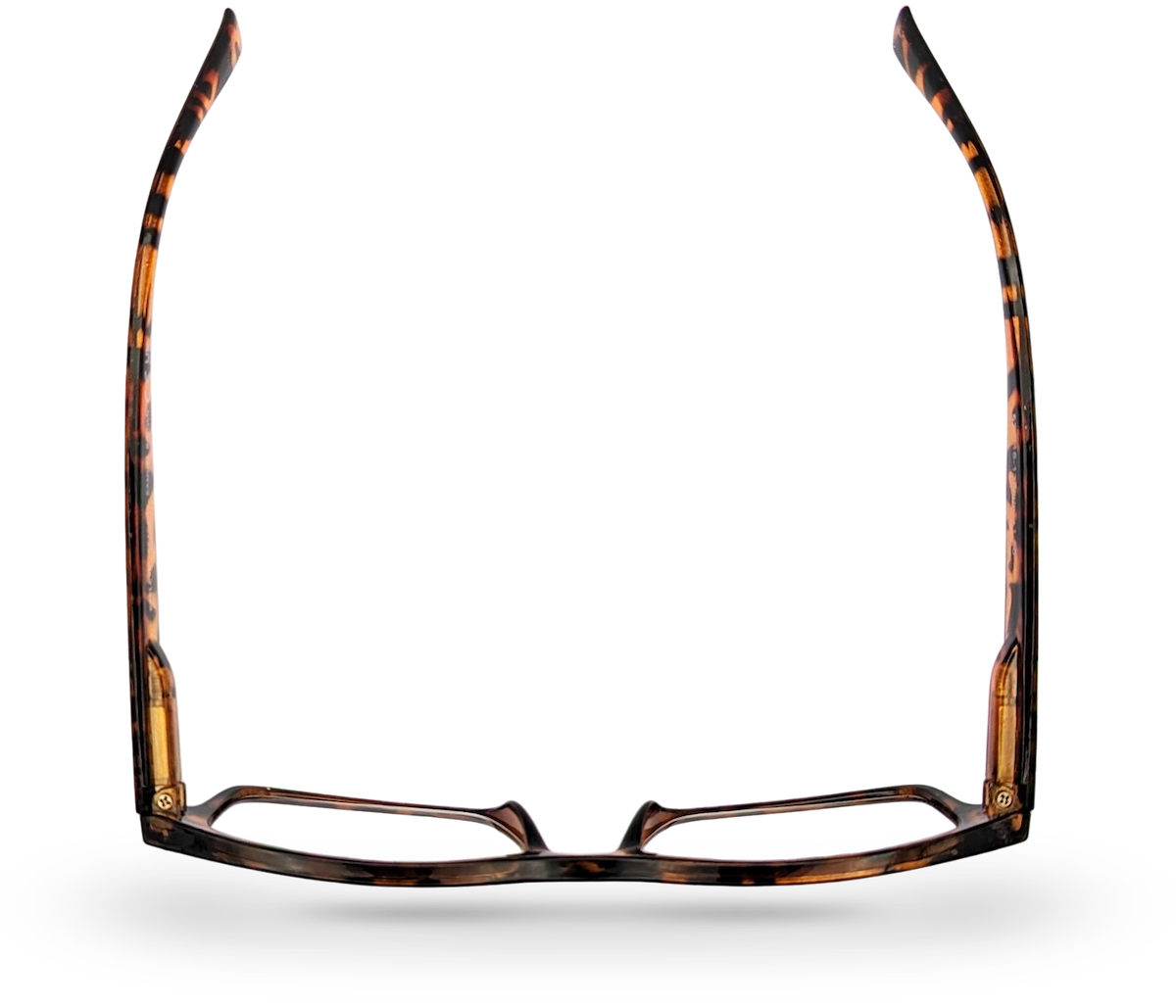 Eyelevel-UK Samuel Brown reading glasses with a tortoiseshell square frame seen from a top-down perspective.