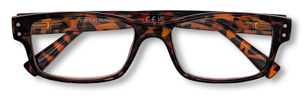 Eyelevel-UK Samuel Brown reading glasses with a retro tortoiseshell square plastic frame and clear magnifying lenses.