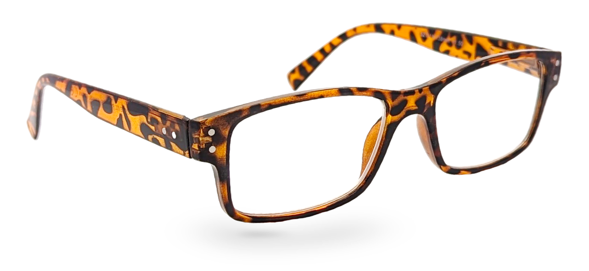 Eyelevel-UK Samuel Brown reading glasses with a square tortoiseshell plastic frame and clear magnifying lenses.