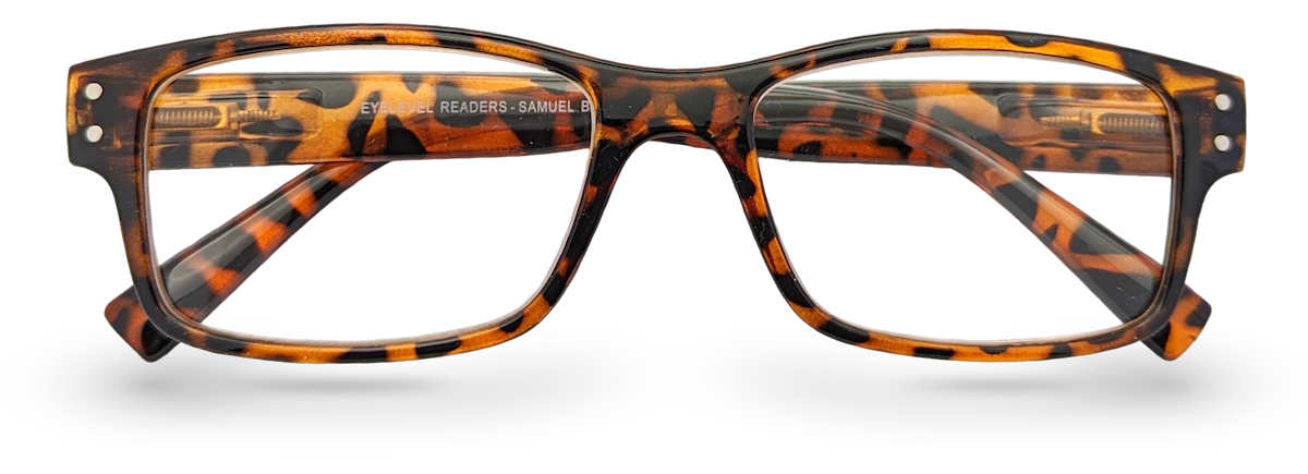 Eyelevel-UK Samuel Brown reading glasses featuring a retro tortoiseshell square plastic frame with clear lenses.