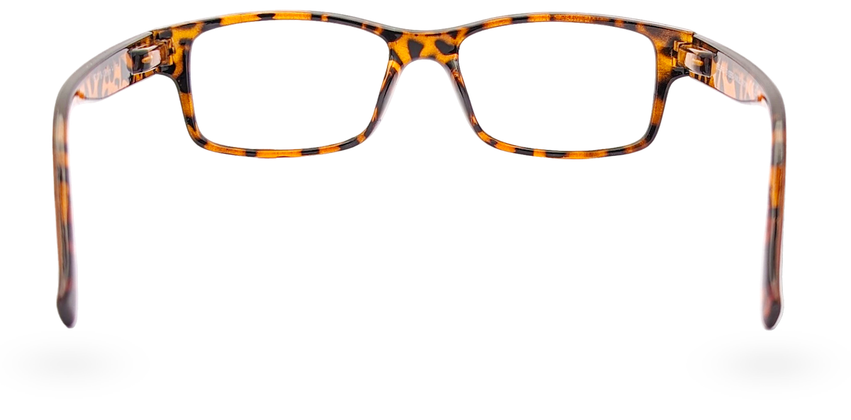 Eyelevel-UK Samuel Brown reading glasses with a retro tortoiseshell square plastic frame and clear magnifying lenses.