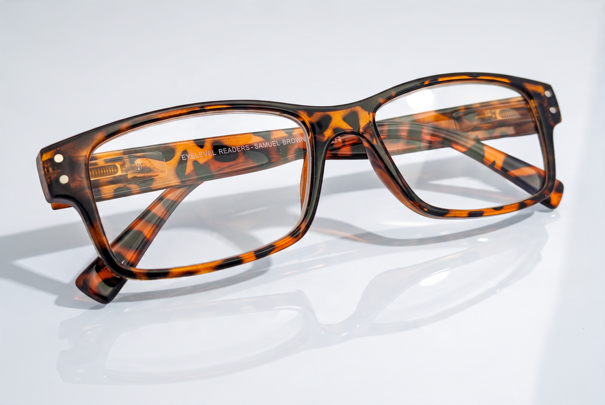 Eyelevel-UK Samuel Brown reading glasses with a brown tortoiseshell square plastic frame and clear magnifying lenses.