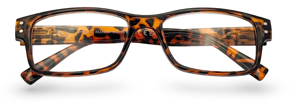 Eyelevel-UK Samuel Brown reading glasses featuring a retro tortoiseshell square plastic frame and clear lenses.