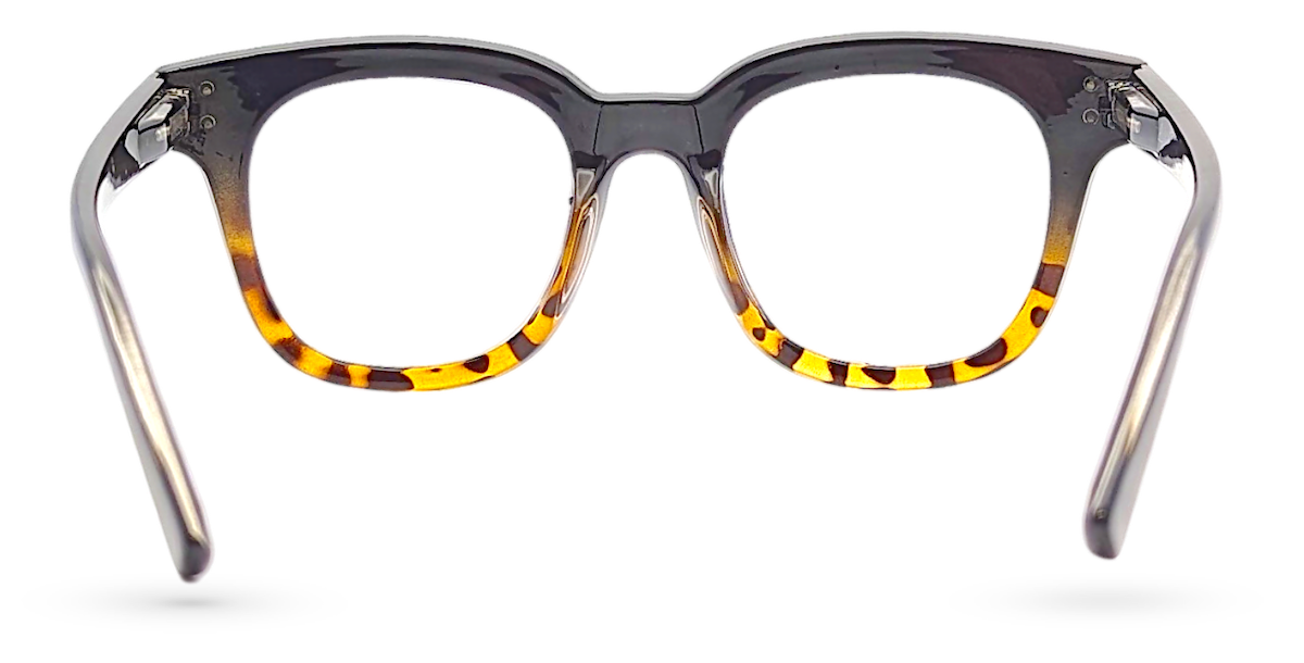 Eyelevel-UK Santorini reading glasses with a black and brown tortoiseshell square plastic frame, rear view.