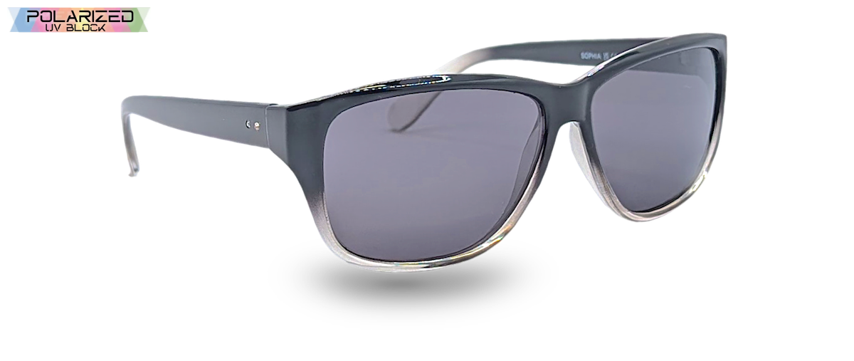 Eyelevel-UK Sophia rectangular polarized sunglasses in black and clear with grey lenses for UV protection