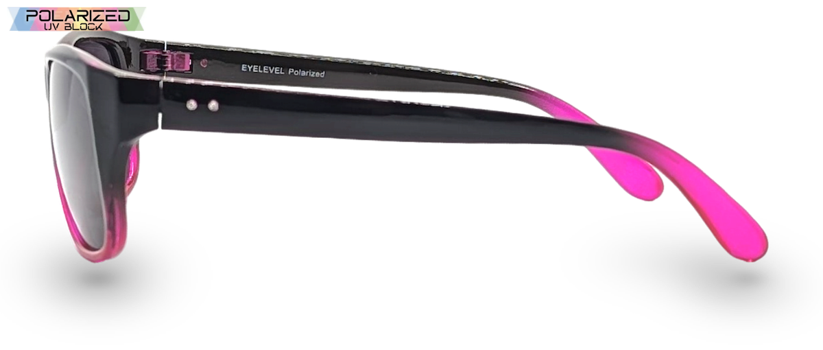 Eyelevel-UK Sophia rectangular polarized sunglasses in black and pink with grey lenses, side profile view.