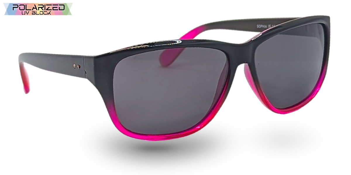 Eyelevel-UK Sophia rectangular polarized sunglasses in black and pink with grey lenses for women