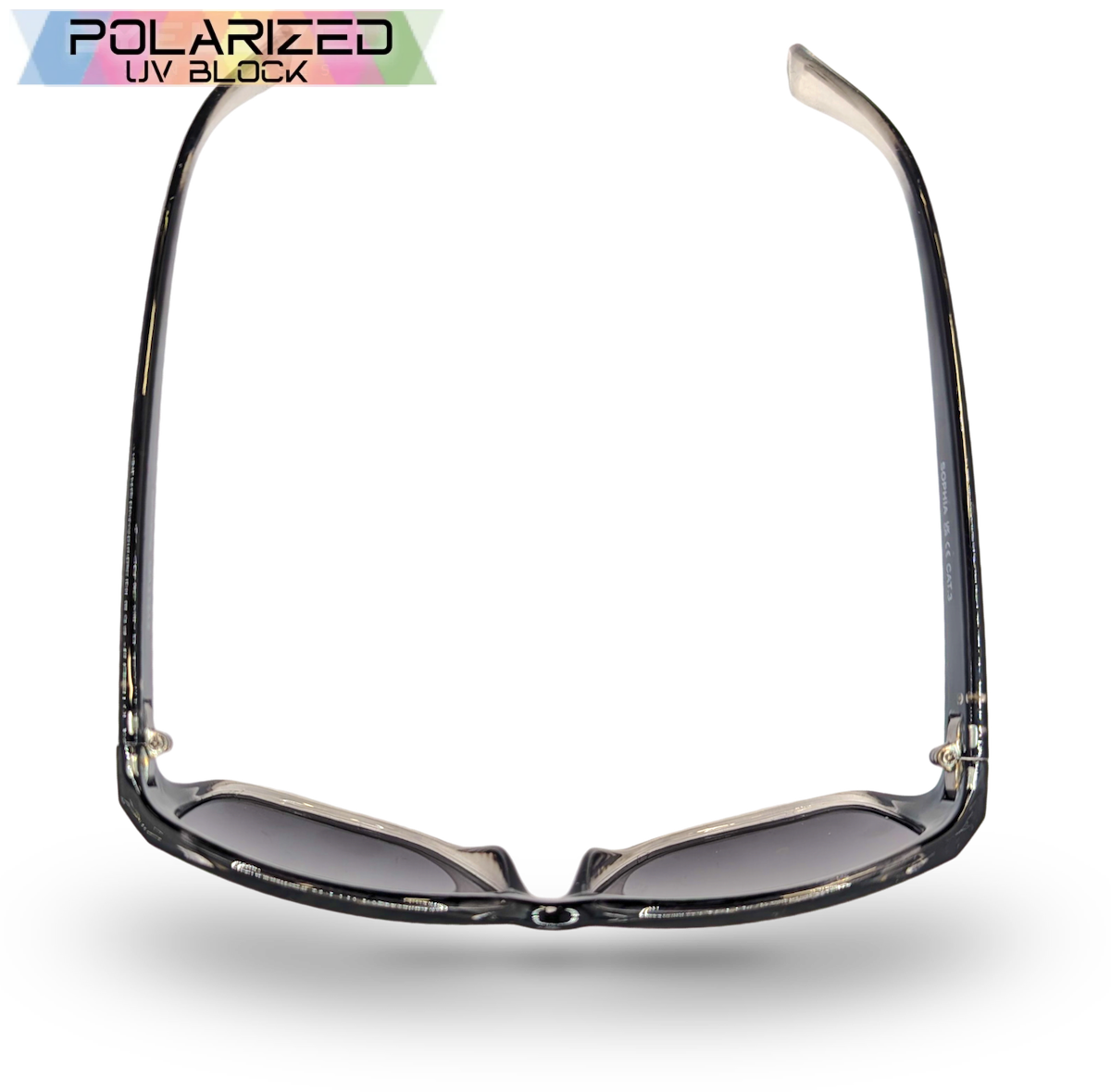 Eyelevel-UK Sophia rectangular polarized sunglasses in black and clear frame with grey lenses, top-down view.