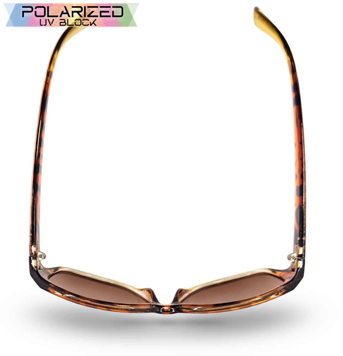 Eyelevel-UK Sophia rectangular polarized sunglasses in brown tortoiseshell with brown lenses, top-down view.