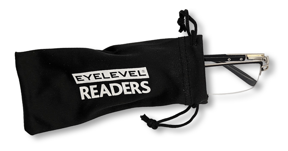 Eyelevel-UK Sovereign chrome and black semi-rimless reading glasses inside a black branded drawstring pouch