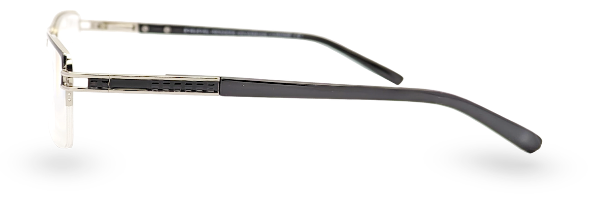 Eyelevel-UK Sovereign reading glasses with a chrome and black semi-rimless rectangular metal frame, side view.