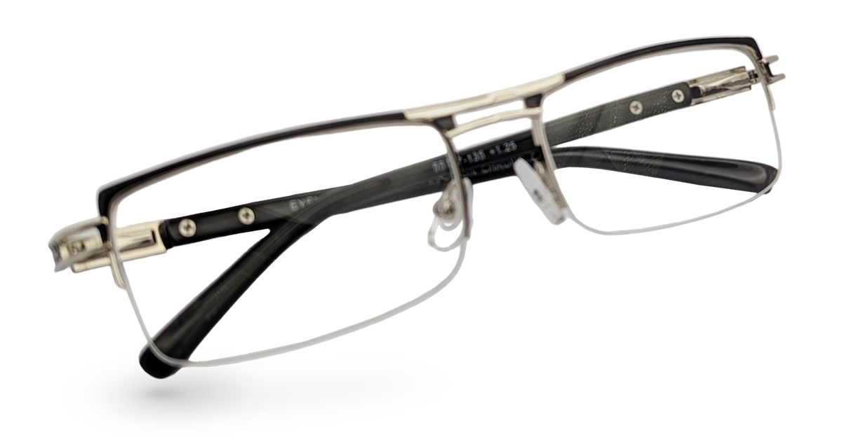 Eyelevel-UK Sovereign chrome and black semi-rimless rectangular reading glasses with clear magnifying lenses