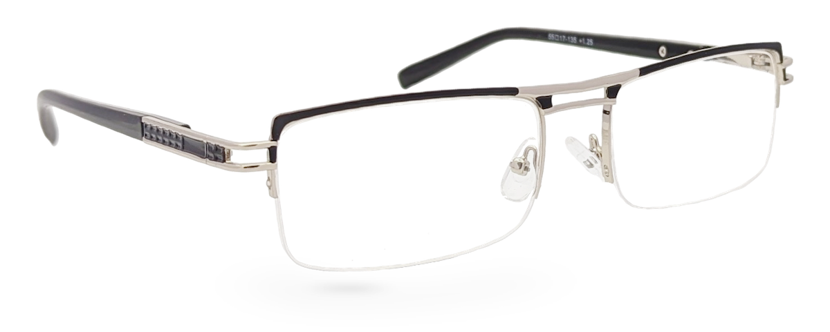 Eyelevel-UK Sovereign chrome and black semi-rimless rectangular reading glasses with clear magnifying lenses