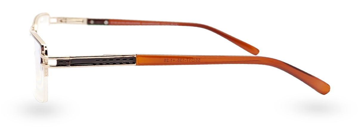 Eyelevel-UK Sovereign gold and brown semi-rimless rectangular reading glasses viewed from the side