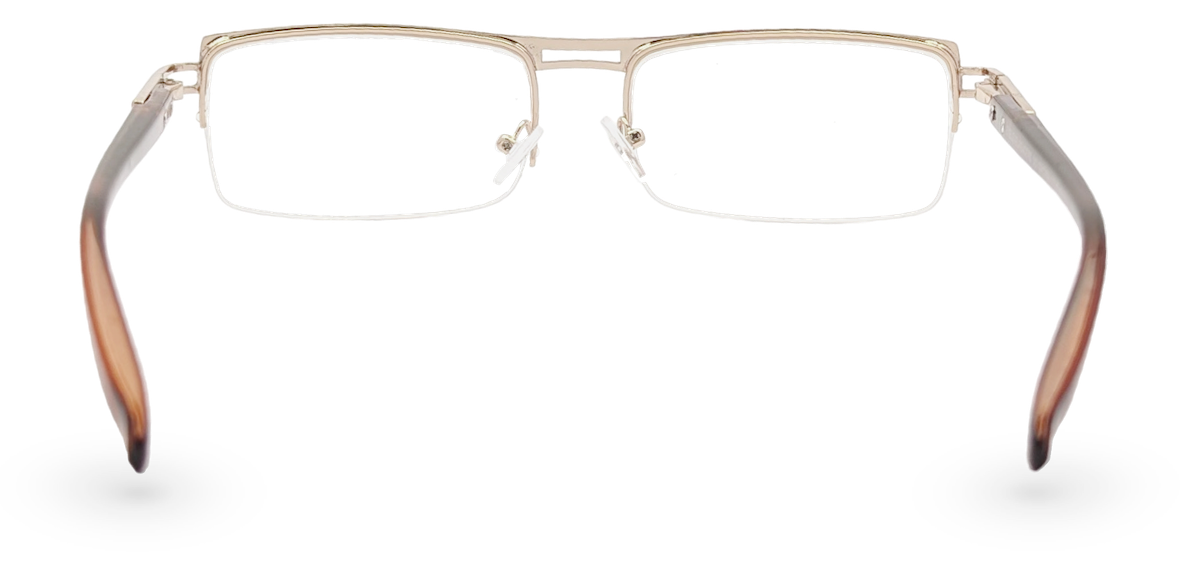 Eyelevel-UK Sovereign gold and brown semi-rimless rectangular reading glasses with clear magnifying lenses.