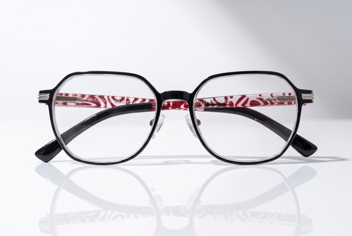 Eyelevel-UK St Kitts reading glasses with translucent grey square frames and patterned black and red temples.