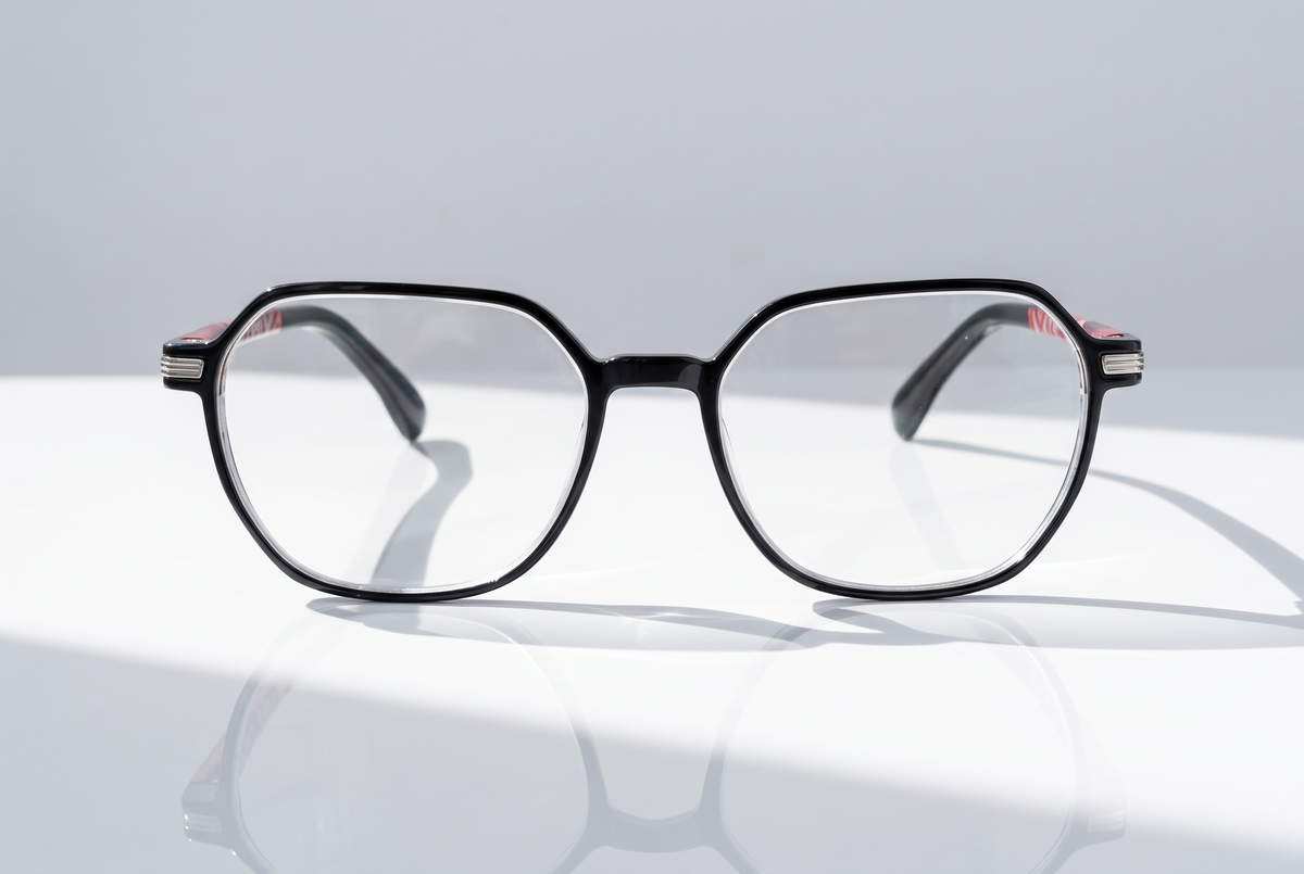 Eyelevel-UK St Kitts reading glasses with a translucent grey squared frame and patterned temples on a white surface.