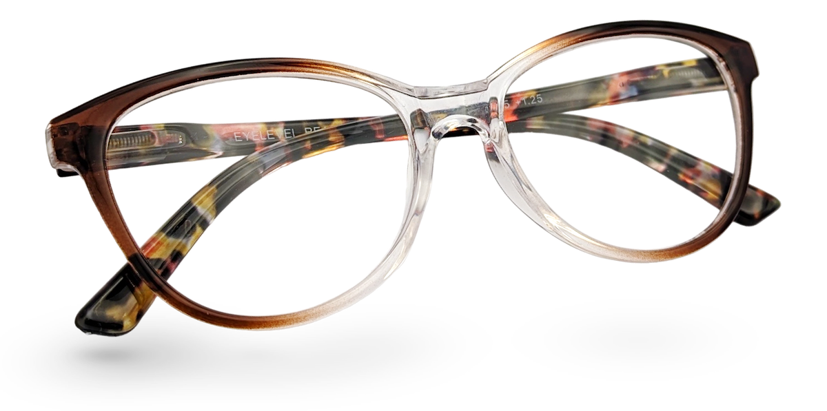 Eyelevel-UK St Lucia reading glasses with a brown and clear cat eye frame and magnifying lenses