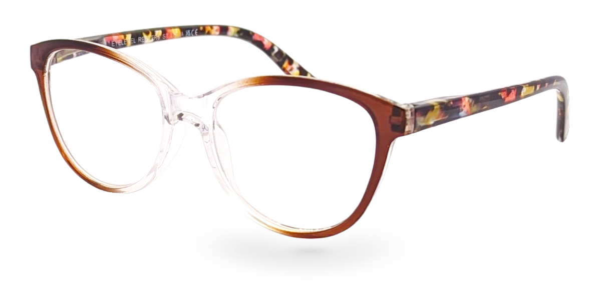 Eyelevel-UK St Lucia reading glasses with a brown and clear cat eye frame and patterned temples