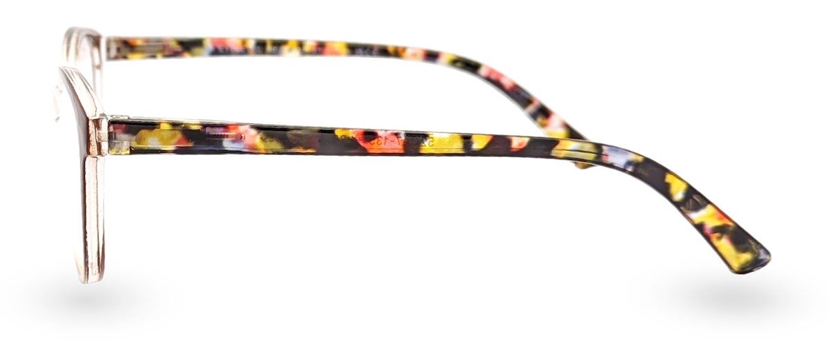 Eyelevel-UK St Lucia reading glasses with a brown and clear patterned cat eye frame viewed from the side