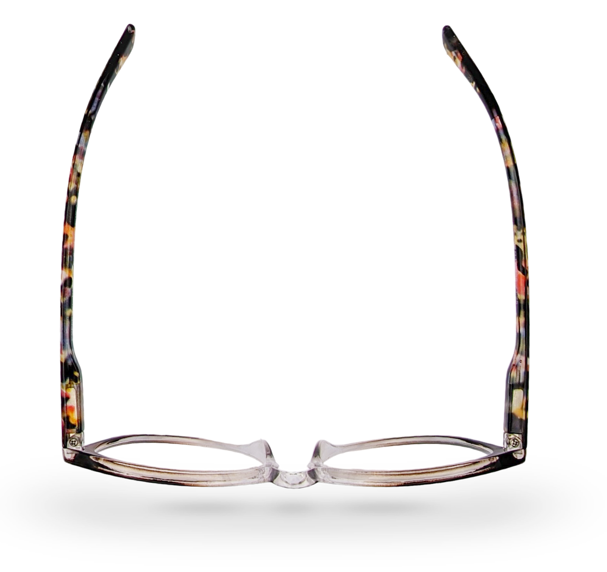 Eyelevel-UK St Lucia reading glasses with a brown and clear patterned cat eye frame, viewed from above.
