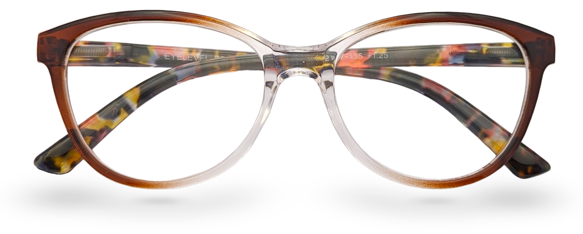 Eyelevel-UK St Lucia reading glasses with a brown and clear cat eye frame and magnifying lenses