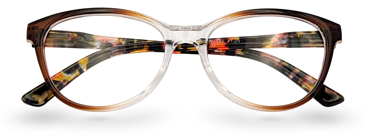 Eyelevel-UK St Lucia reading glasses with a brown and clear cat eye plastic frame and magnifying lenses