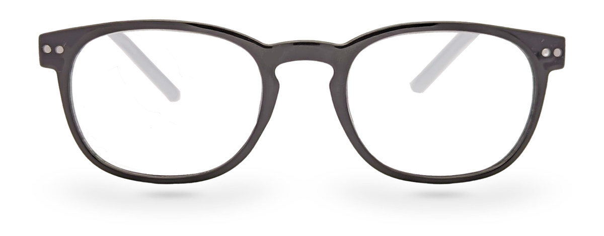 Eyelevel-UK Stripe reading glasses featuring a black oval plastic frame and clear magnifying lenses.