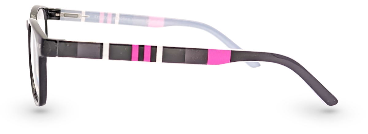 Eyelevel-UK Stripe reading glasses featuring a black and pink oval plastic frame with striped temple details