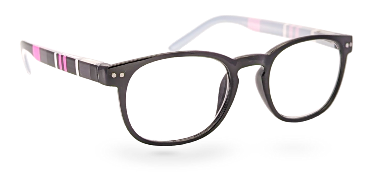 Eyelevel-UK Stripe reading glasses with black and pink oval plastic frames and clear magnifying lenses
