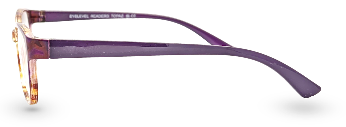 Eyelevel-UK Topaz reading glasses with a purple and multi-coloured square plastic frame, side profile view.