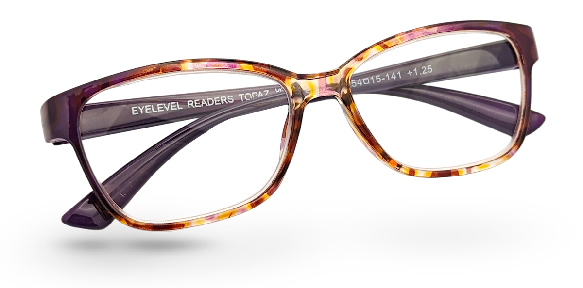 Eyelevel-UK Topaz reading glasses with a purple and multi-coloured square plastic frame and clear magnifying lenses.