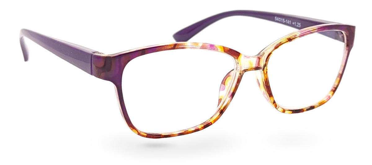 Eyelevel-UK Topaz reading glasses with a purple and multi-coloured square plastic frame and clear magnifying lenses.