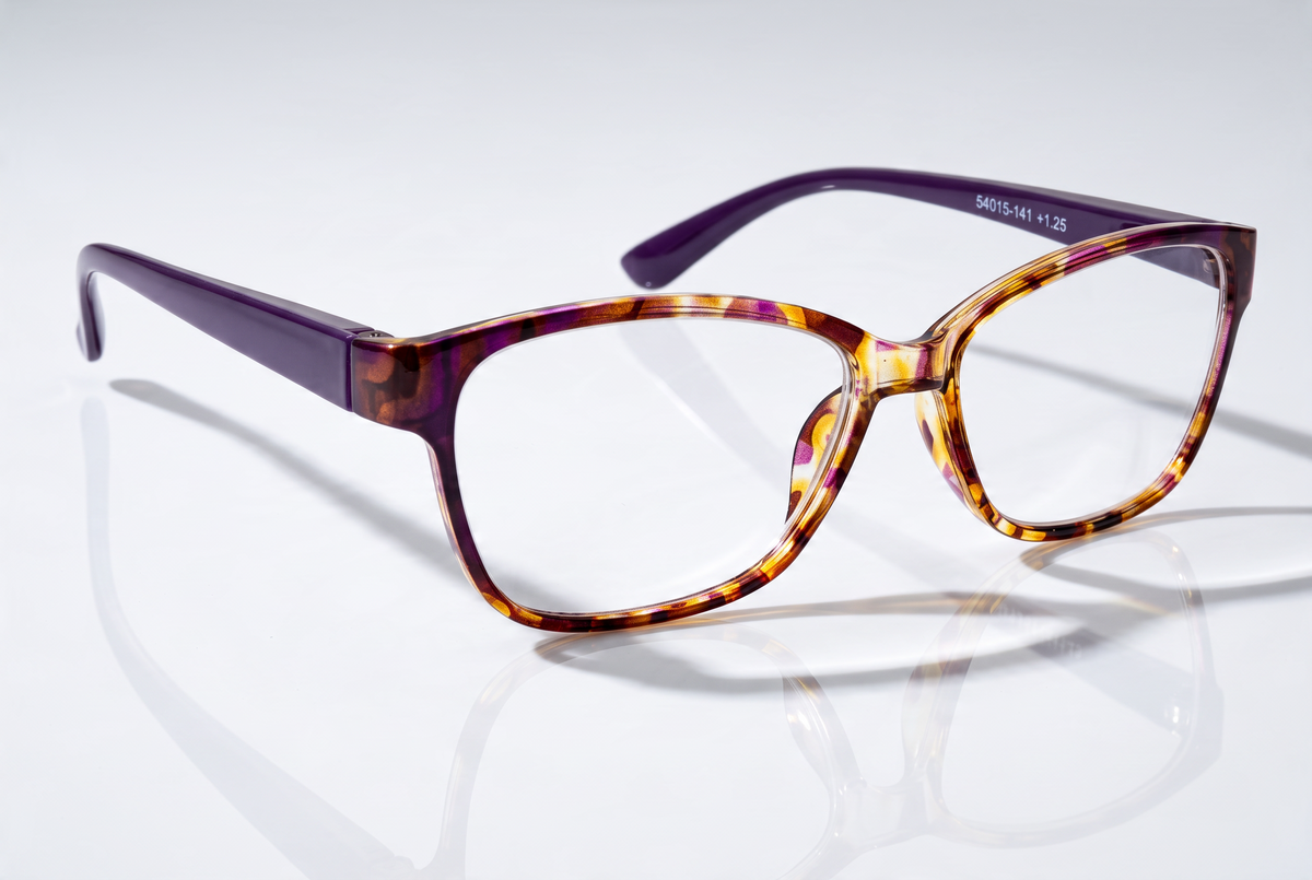 Eyelevel-UK Topaz reading glasses with a purple and multi-coloured square frame and clear magnifying lenses.