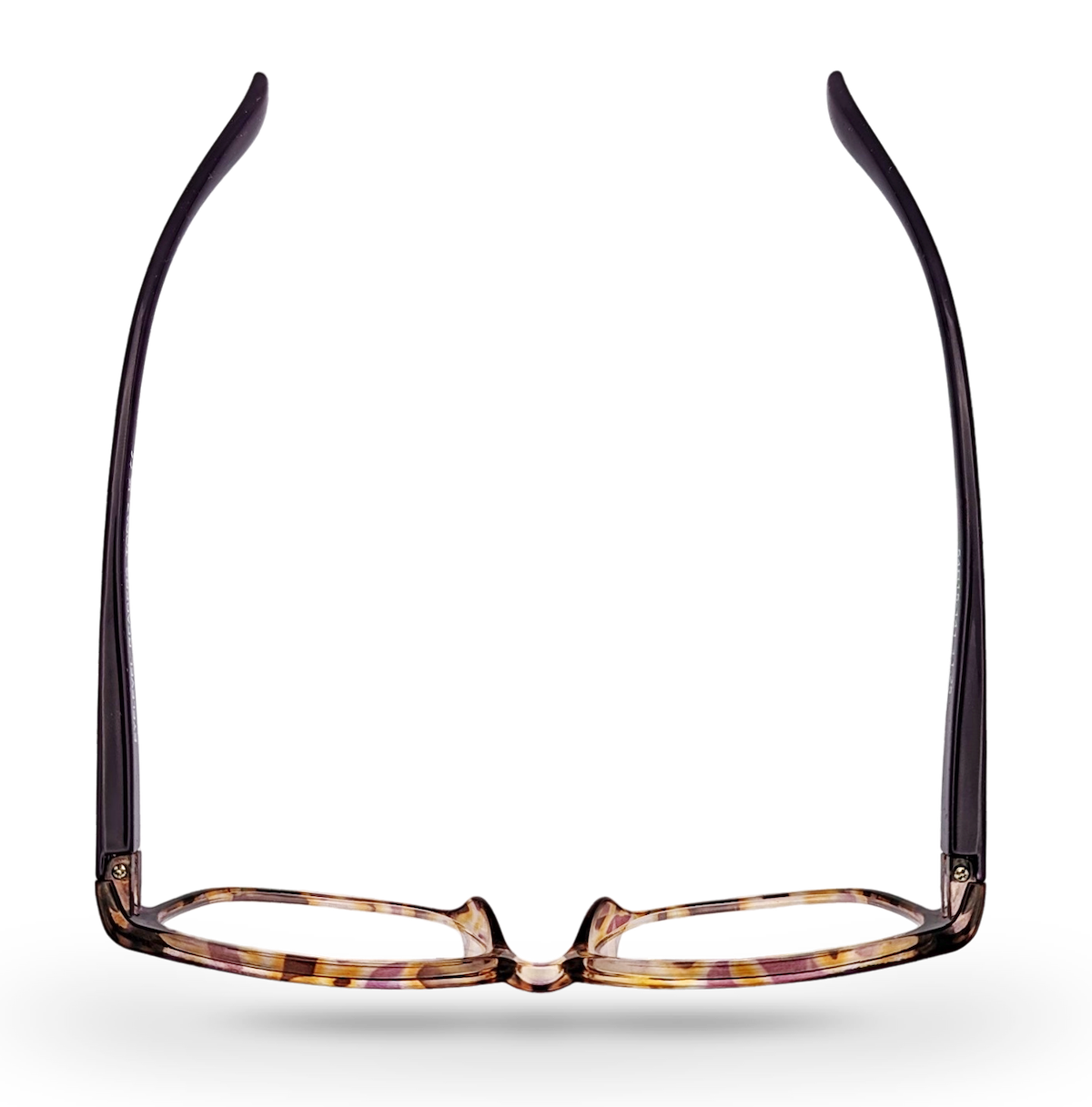 Eyelevel-UK Topaz reading glasses with a purple multi-coloured square plastic frame viewed from above