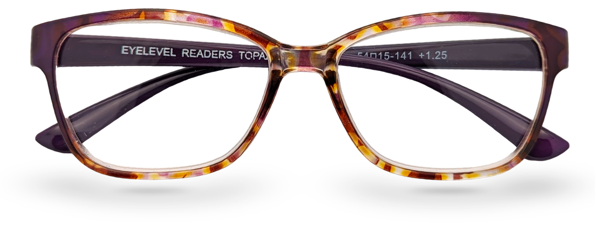 Eyelevel-UK Topaz reading glasses with a purple and multi-coloured square plastic frame and clear magnifying lenses.
