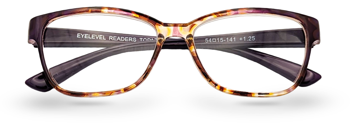 Eyelevel-UK Topaz reading glasses with a purple and tortoiseshell square plastic frame and clear magnifying lenses.