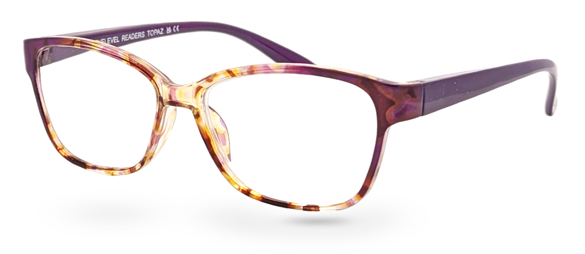 Eyelevel-UK Topaz reading glasses featuring a purple and multi-coloured square plastic frame with clear lenses.