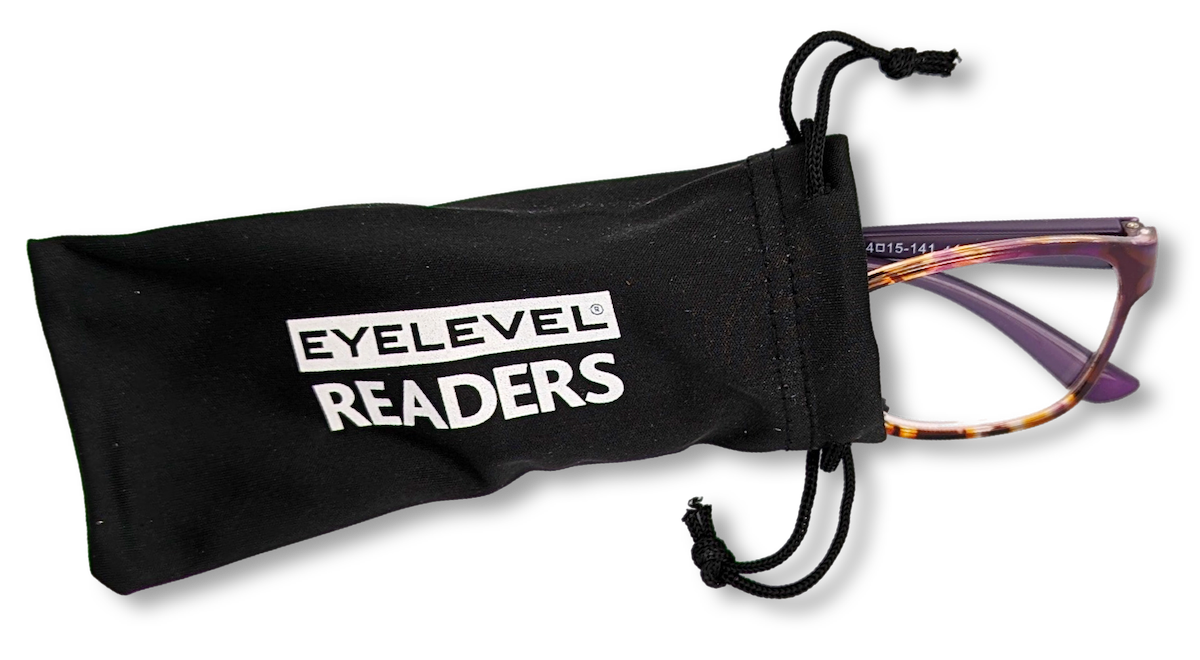 Eyelevel-UK Topaz square reading glasses with purple multi-pattern frames inside a black drawstring storage pouch