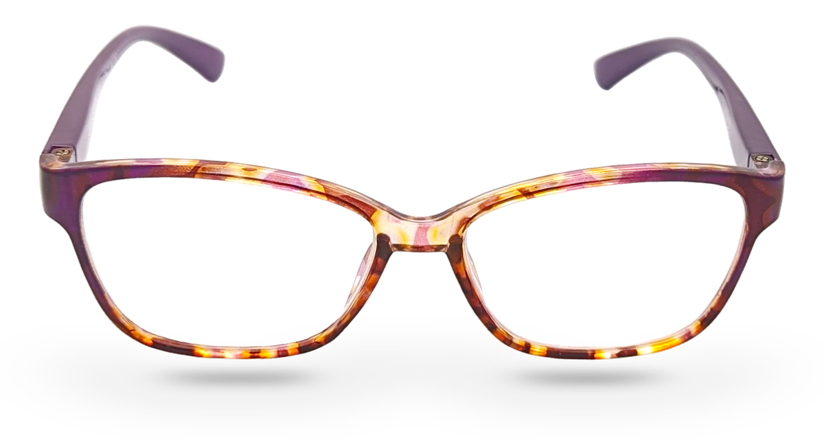 Eyelevel-UK Topaz reading glasses featuring a purple multi-coloured square plastic frame and clear magnifying lenses.